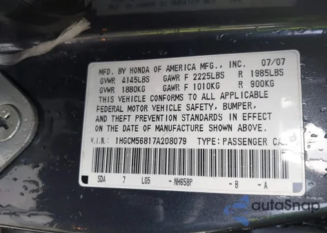 2007 Honda Accord 2.4 Ex z USA, uszkodzony, nr VIN 1HGCM56817A208079